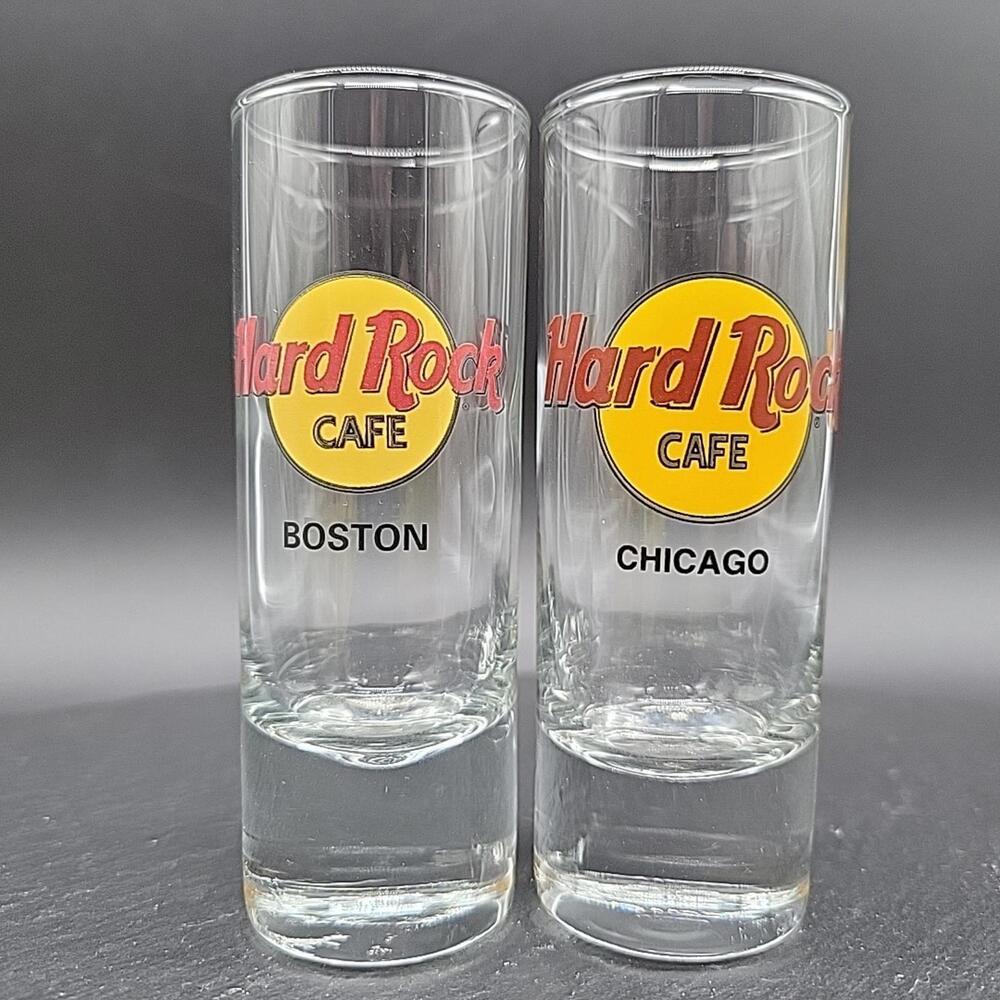 Lot of 2 Hard Rock Cafe Shot Glasses 4" Tall - Boston and Chicago Black Letters